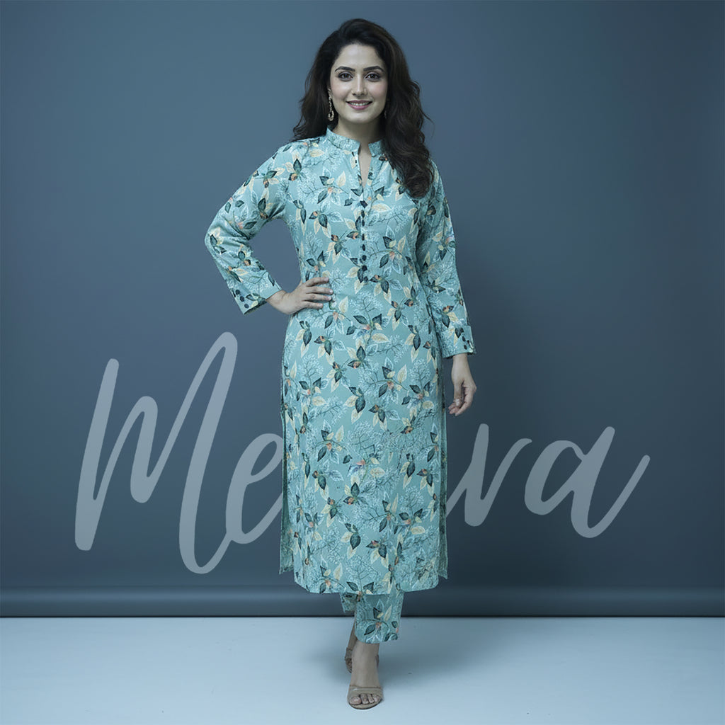 Mint Green Floral Print 2-Piece Stitched Suit