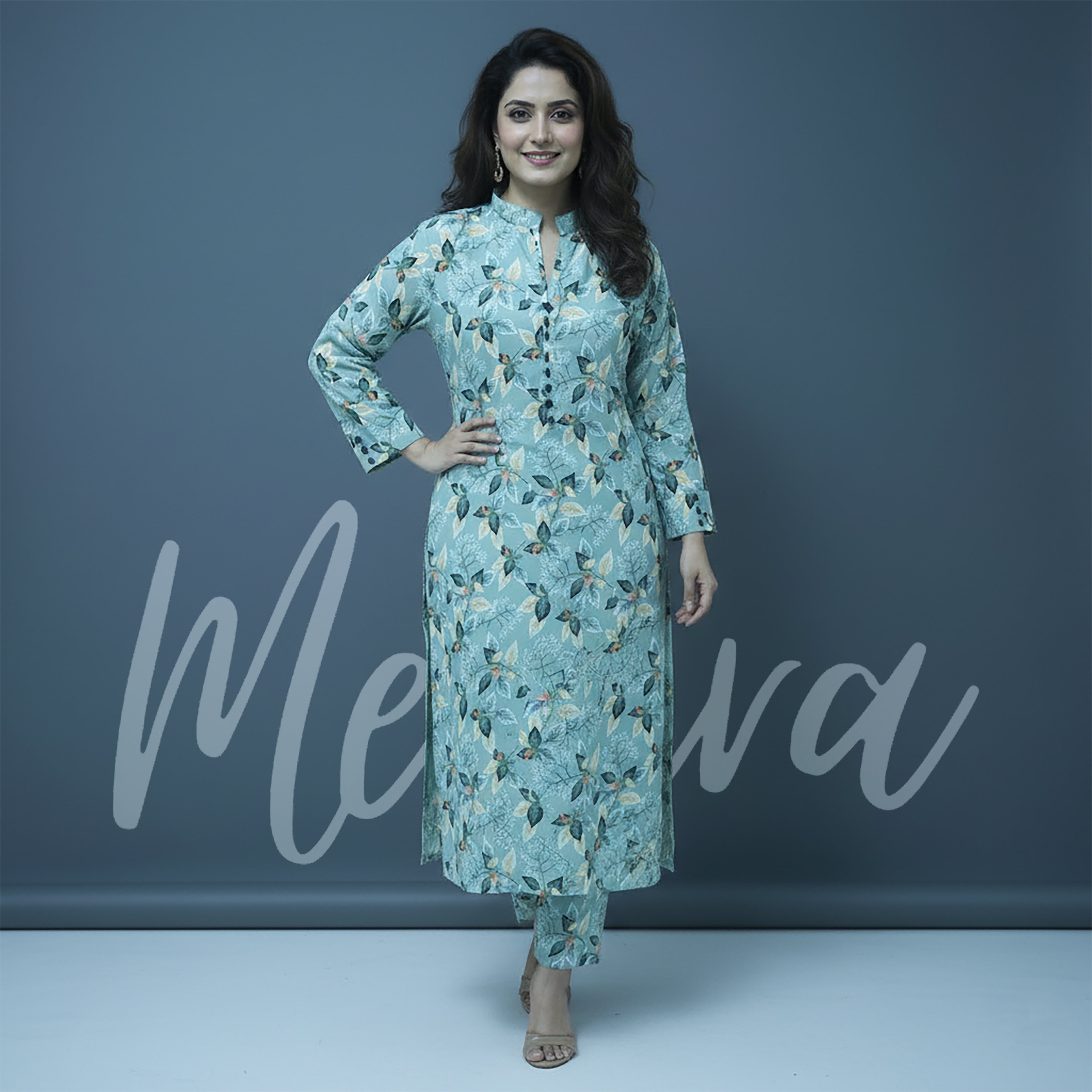 Mint Green Floral Print 2-Piece Stitched Suit