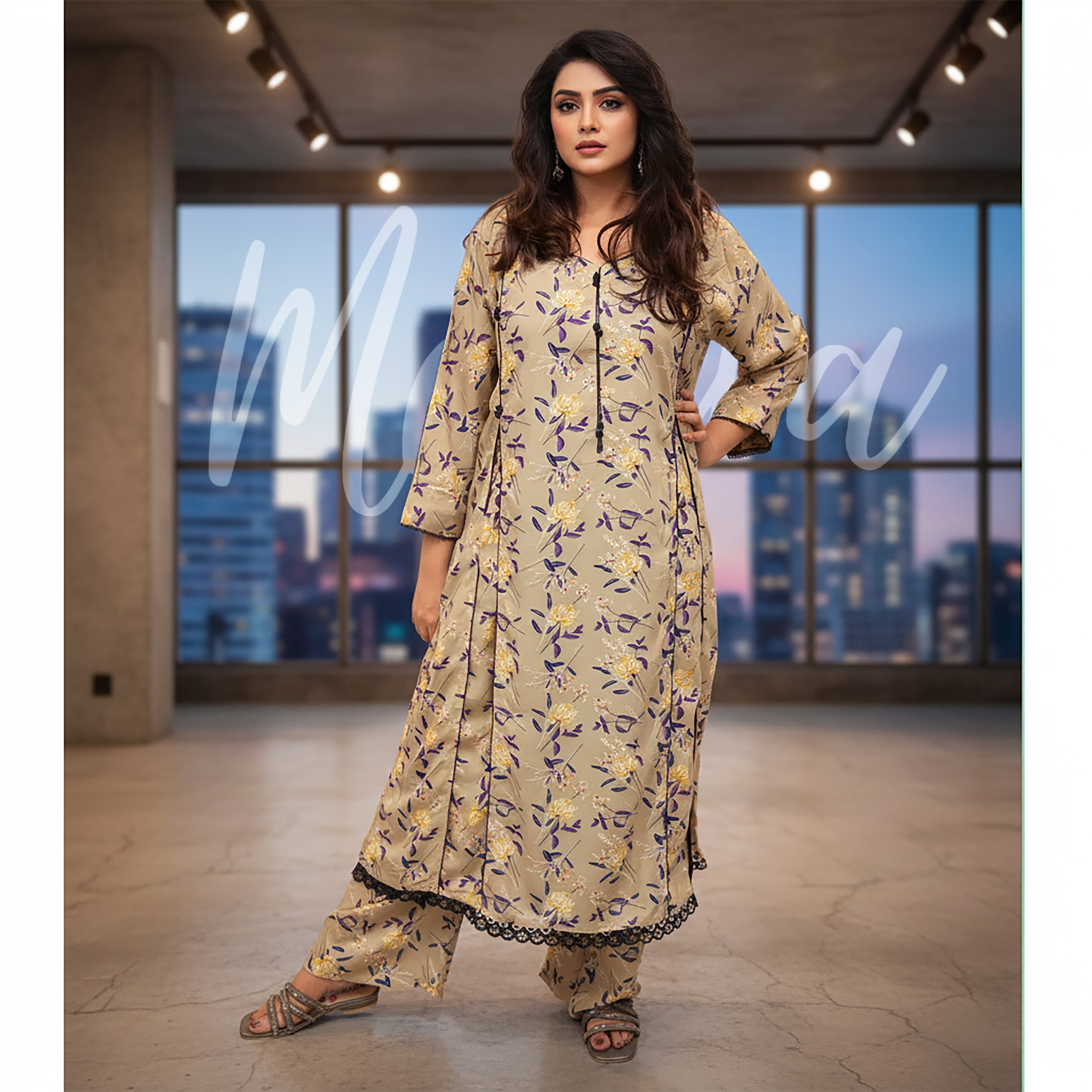 Beige Floral Print 2-Piece Stitched Suit