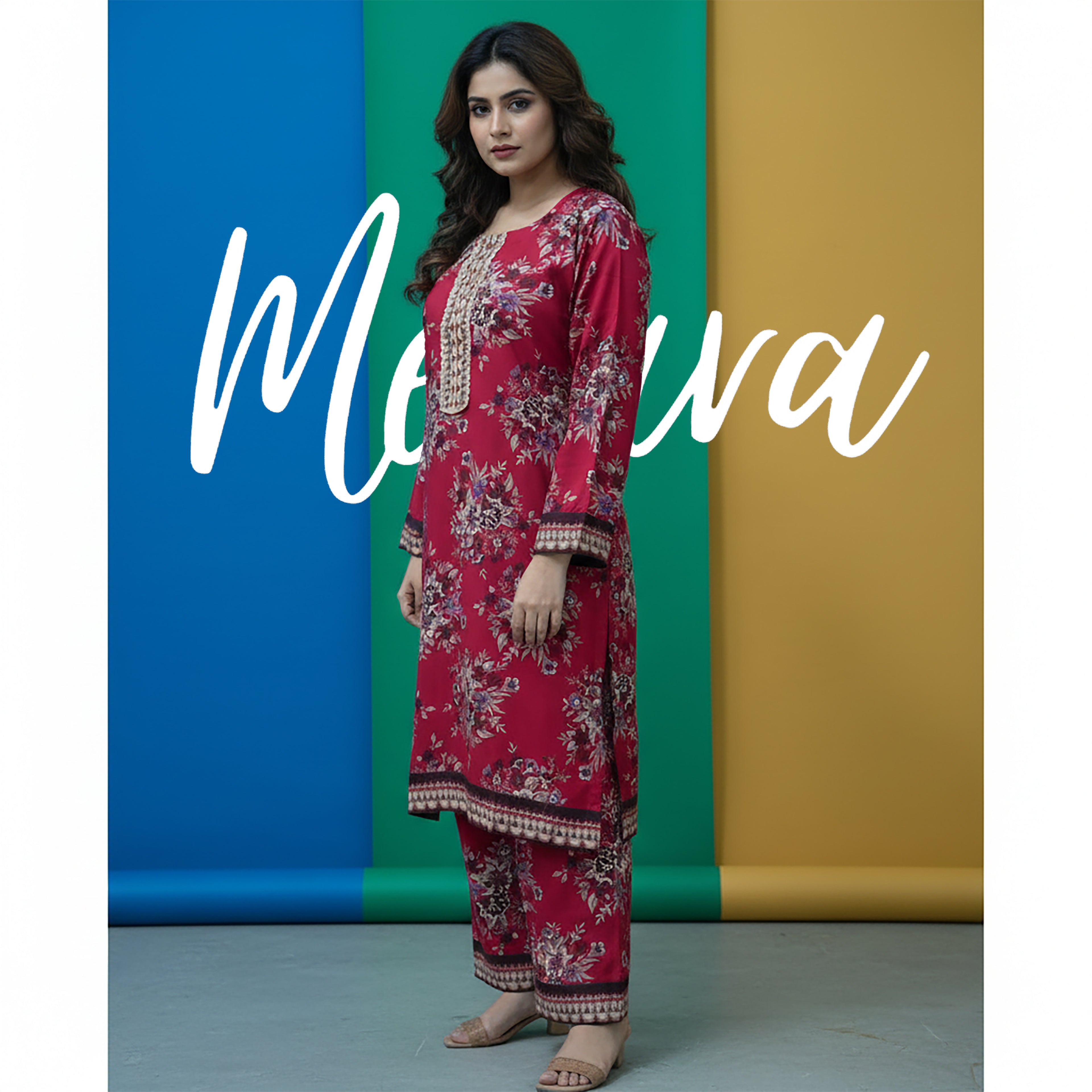 Maroon Floral Print 2-Piece Stitched Suit