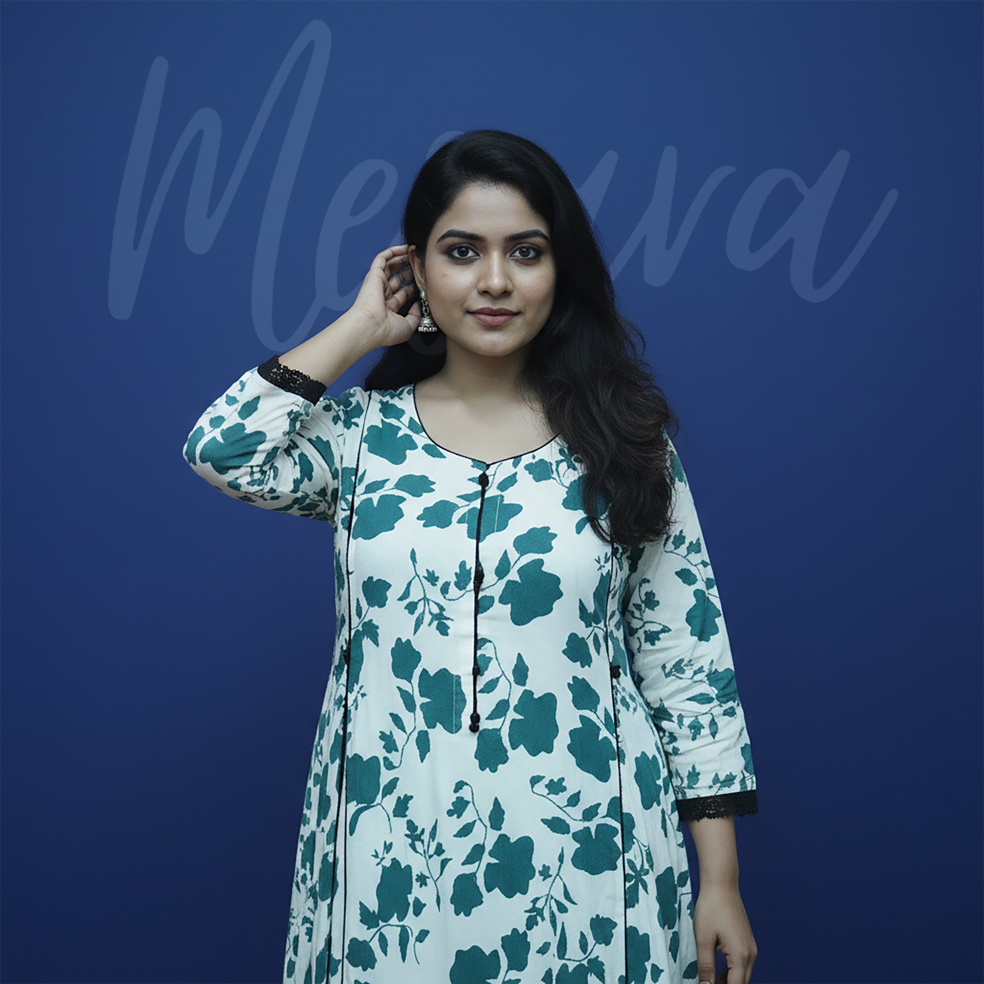 White & Teal Floral Print 2-Piece Stitched Suit