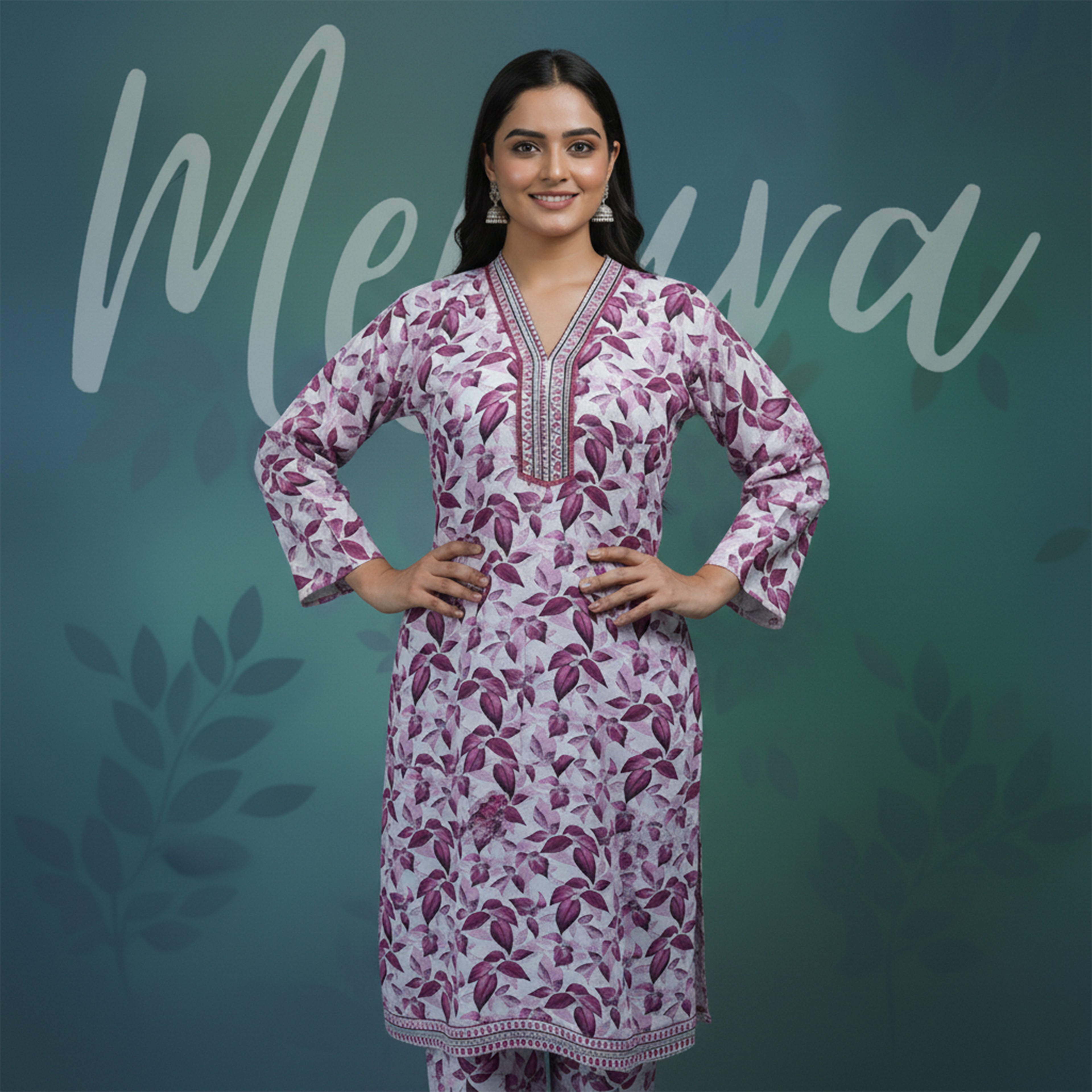Lilac Leaf Print 2-Piece Stitched Suit
