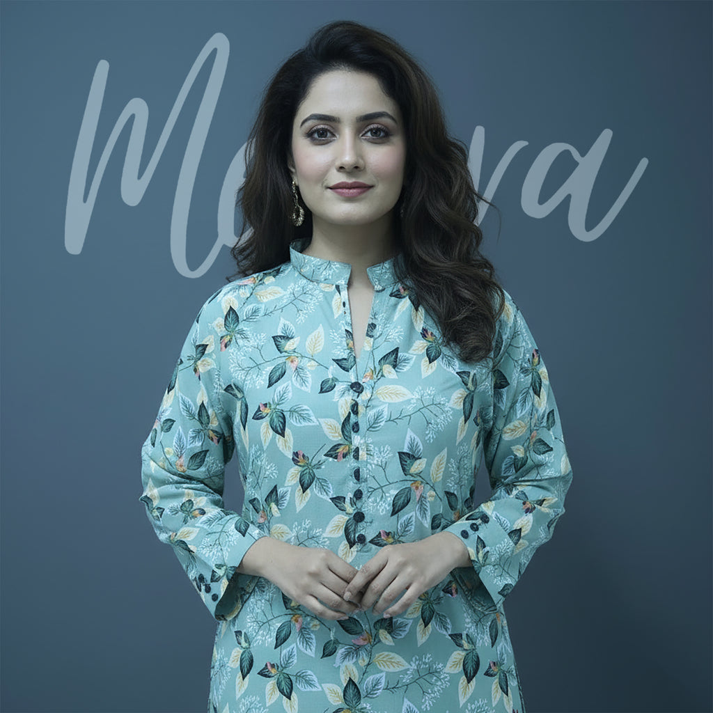 Mint Green Floral Print 2-Piece Stitched Suit