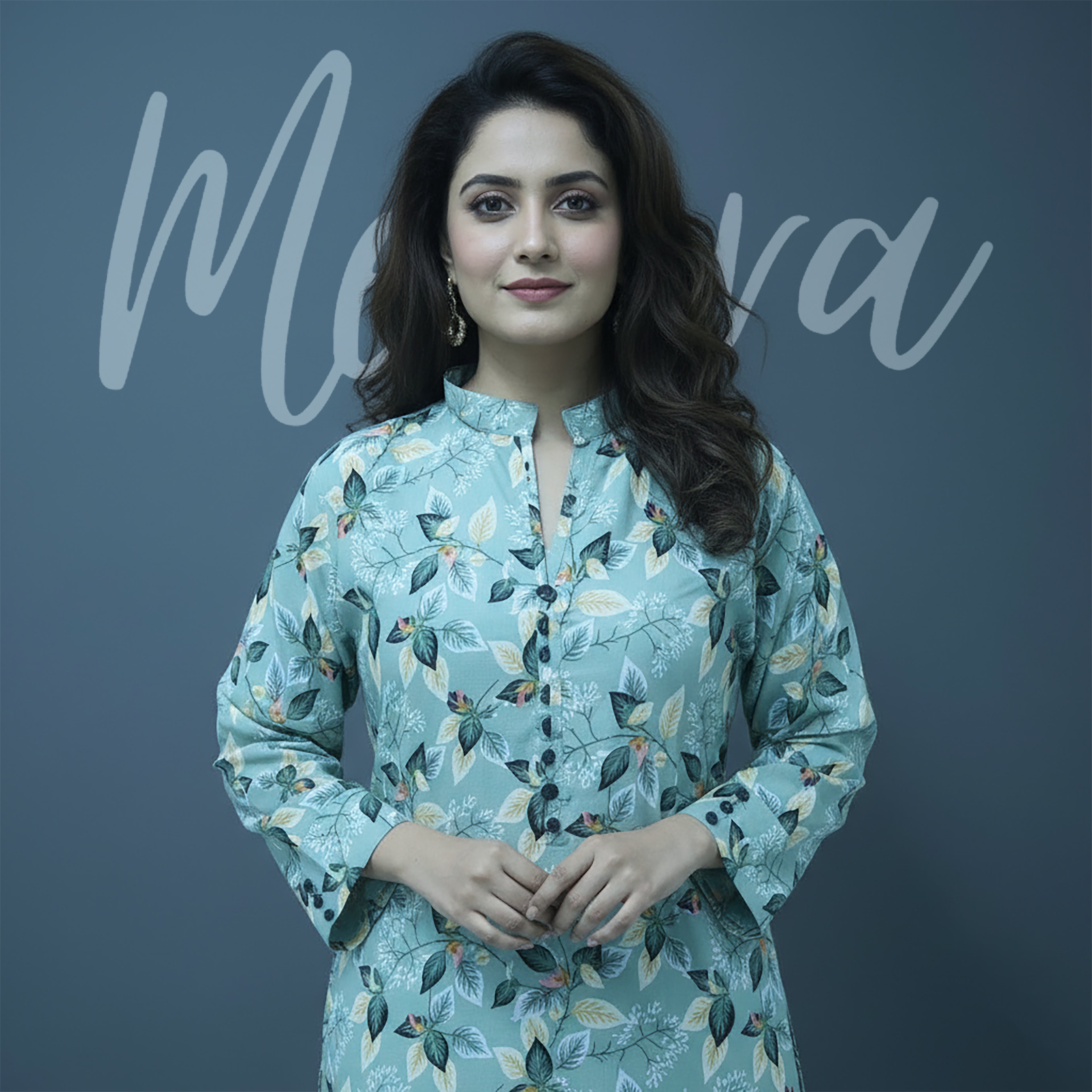 Mint Green Floral Print 2-Piece Stitched Suit