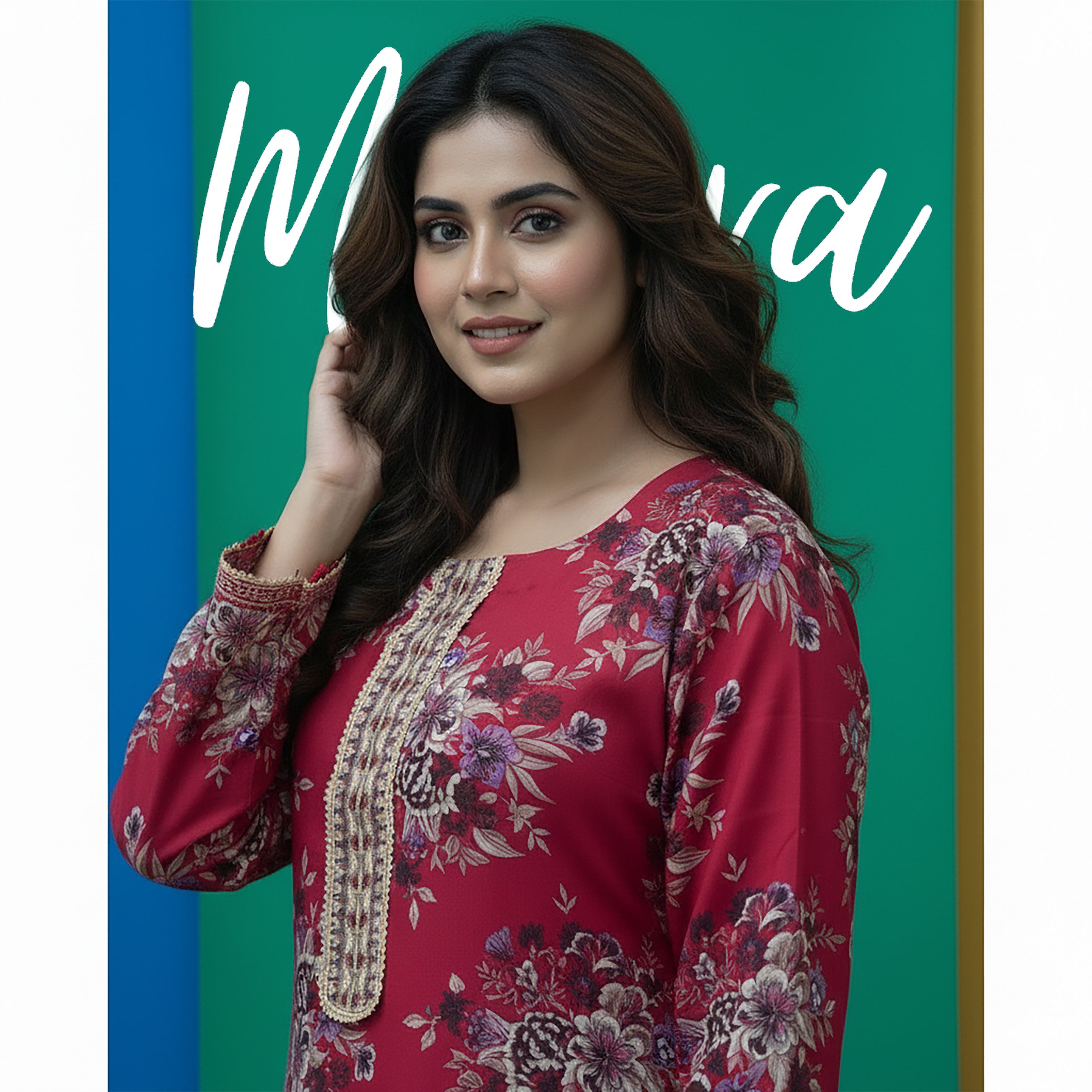 Maroon Floral Print 2-Piece Stitched Suit