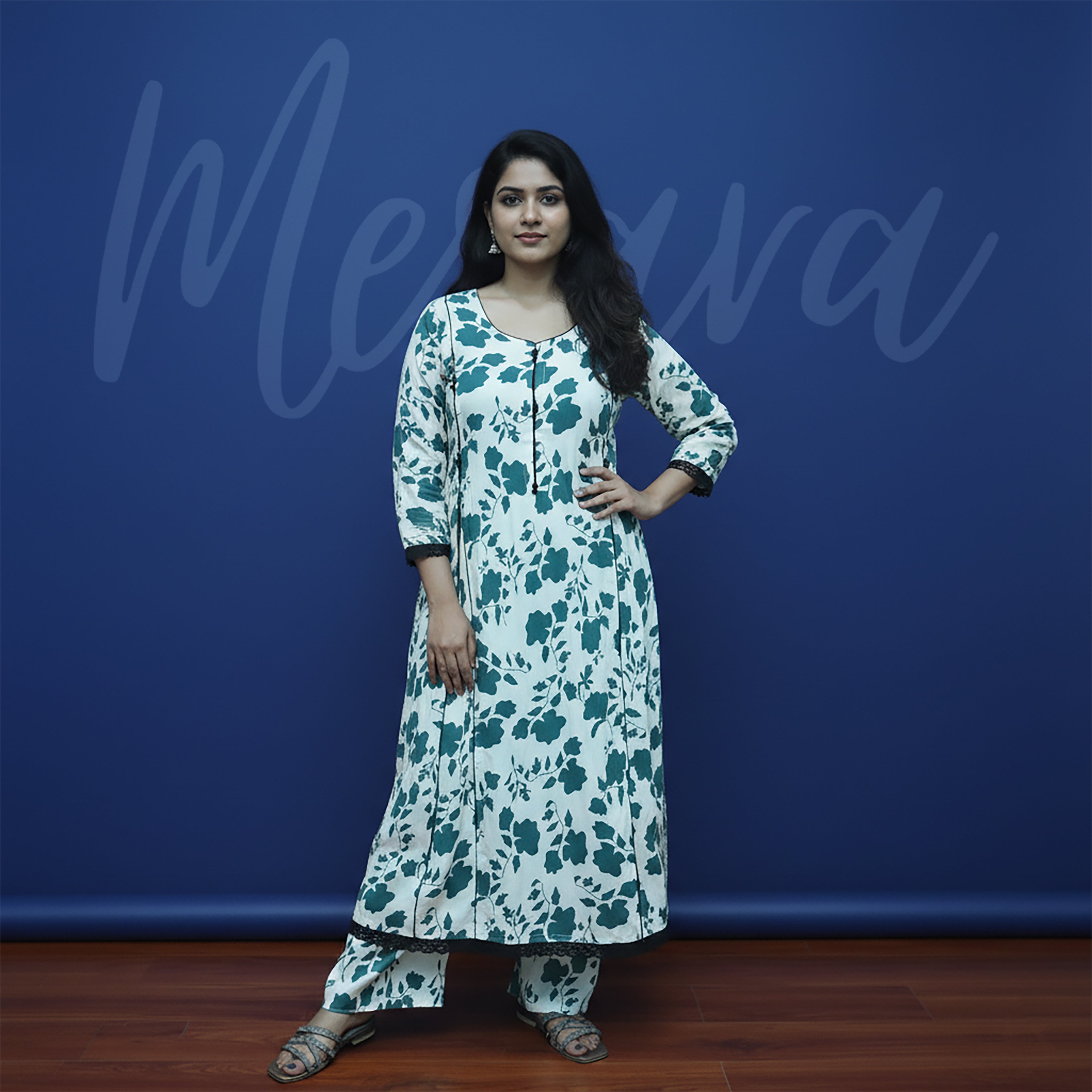 White & Teal Floral Print 2-Piece Stitched Suit