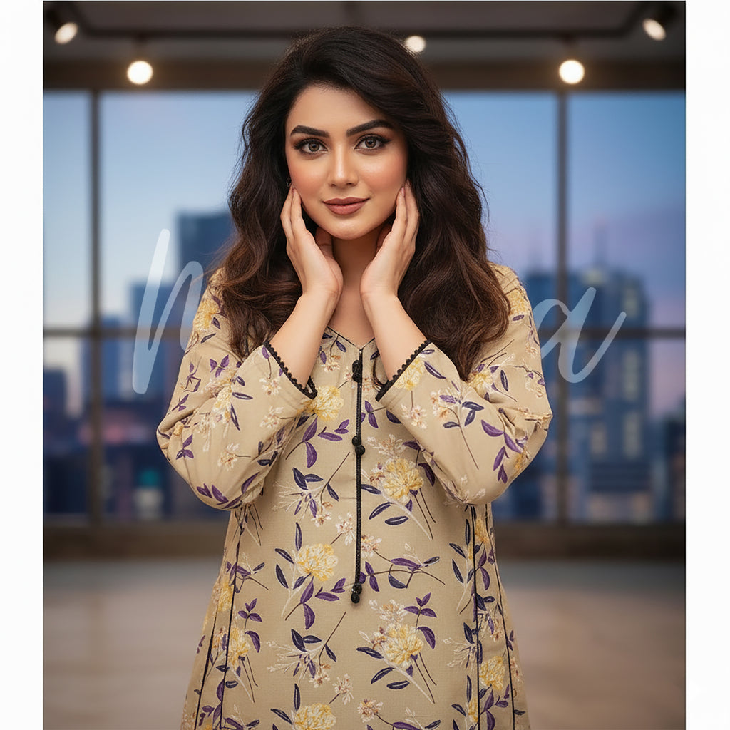 Beige Floral Print 2-Piece Stitched Suit