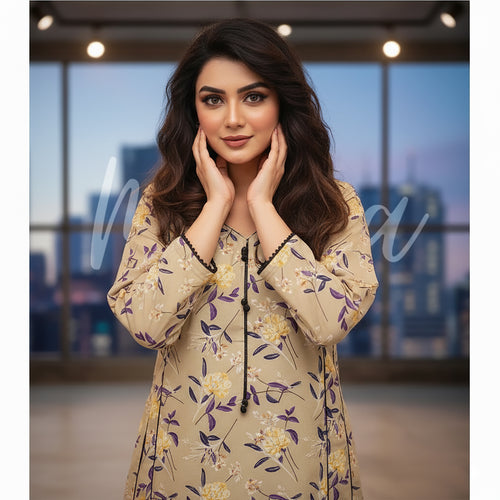 Beige Floral Print 2-Piece Stitched Suit