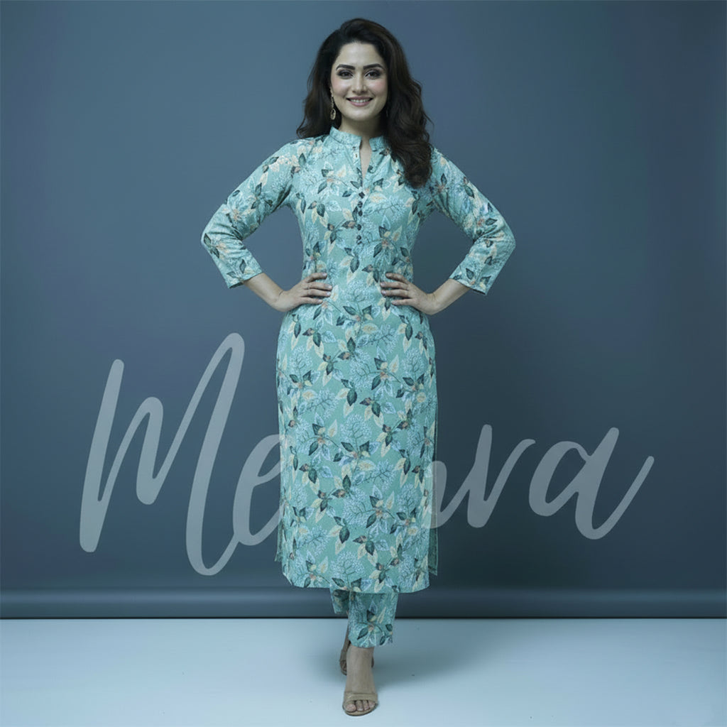 Mint Green Floral Print 2-Piece Stitched Suit