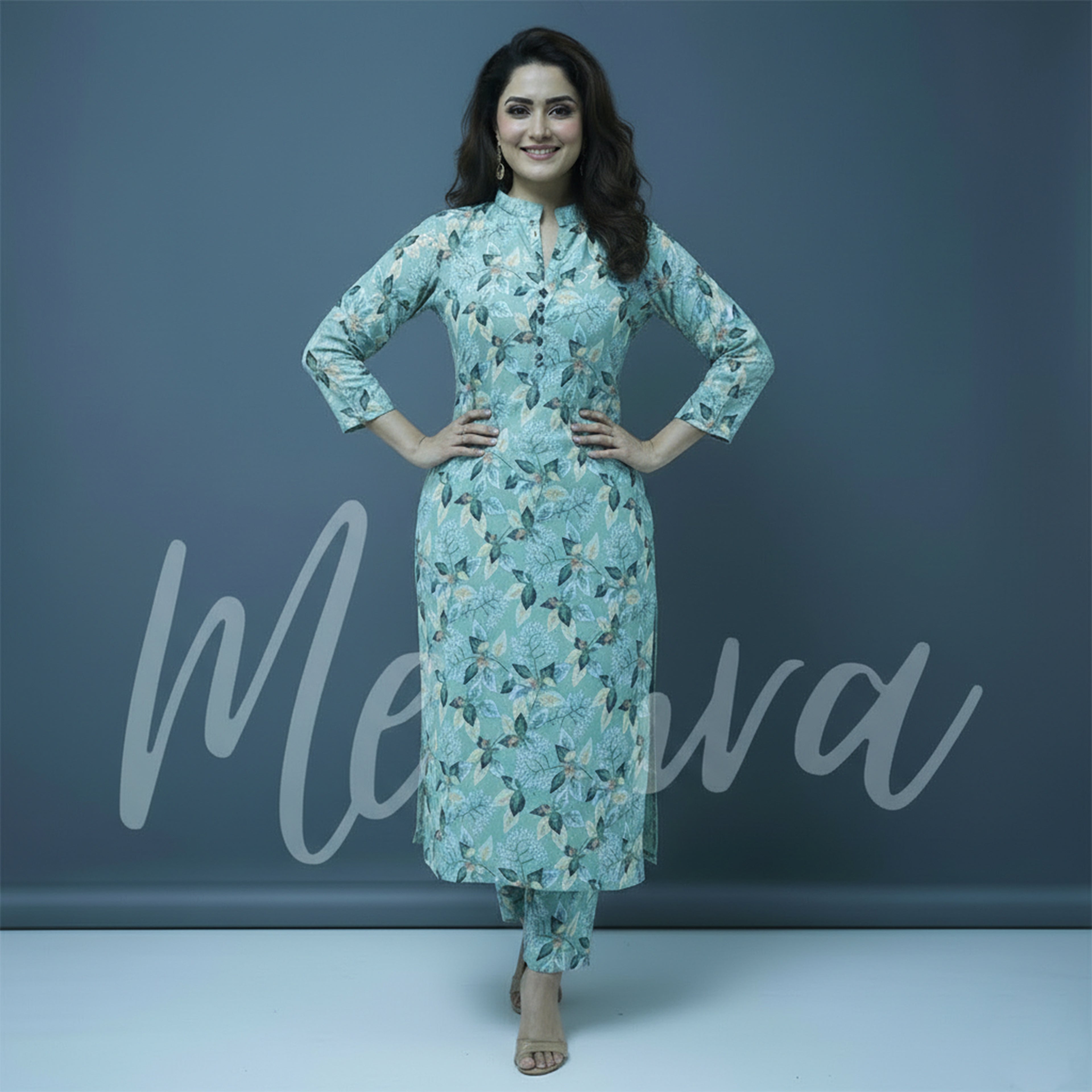 Mint Green Floral Print 2-Piece Stitched Suit