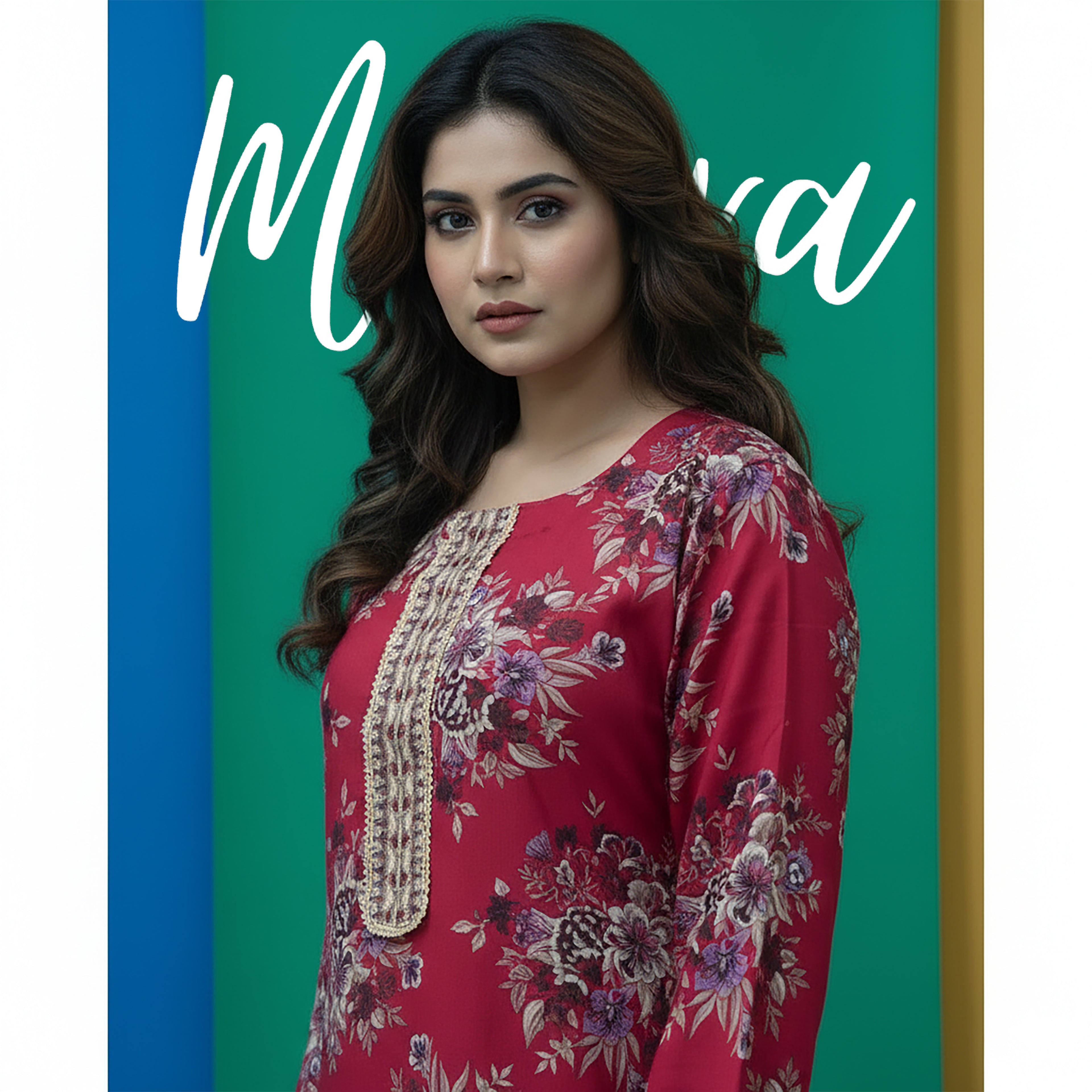 Maroon Floral Print 2-Piece Stitched Suit