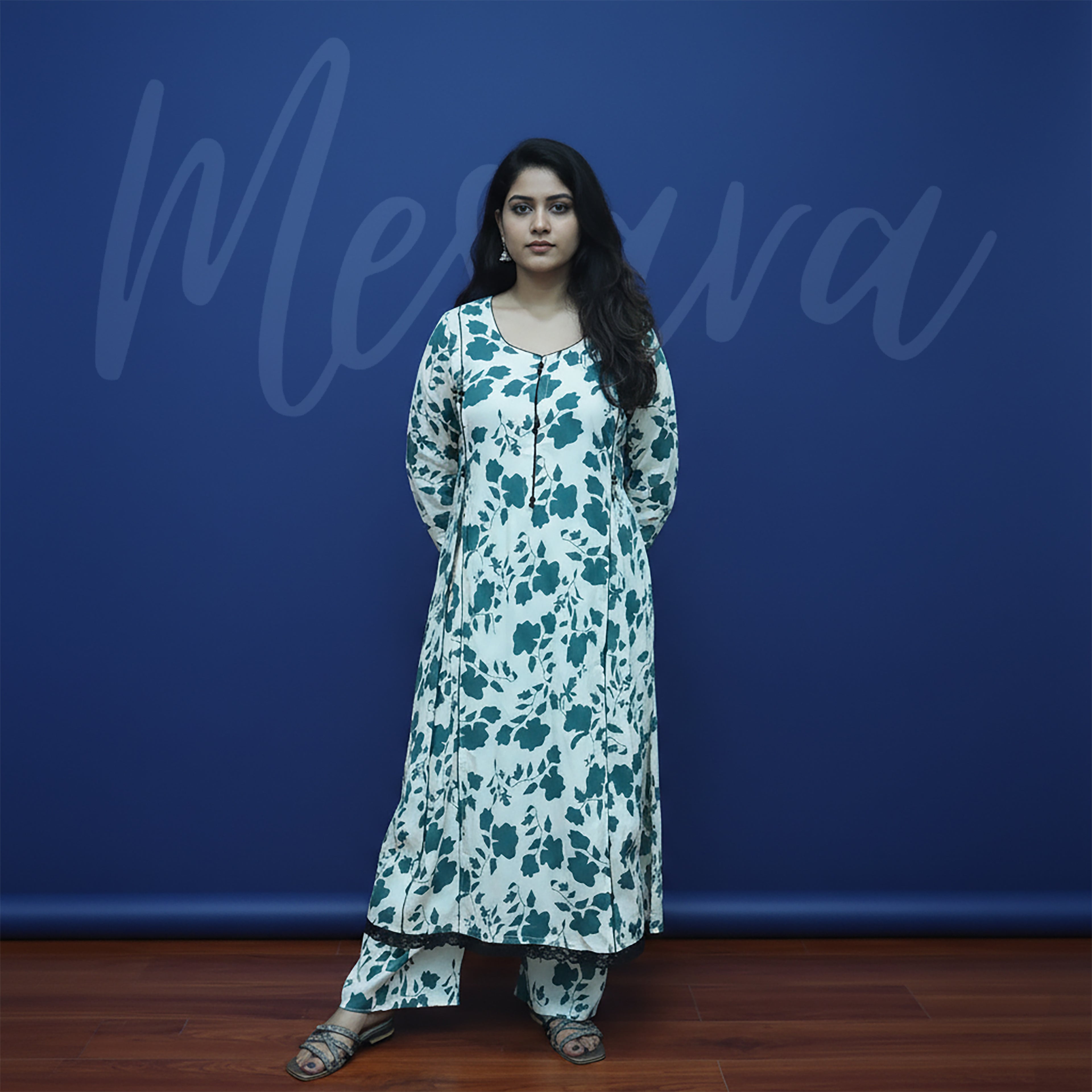 White & Teal Floral Print 2-Piece Stitched Suit