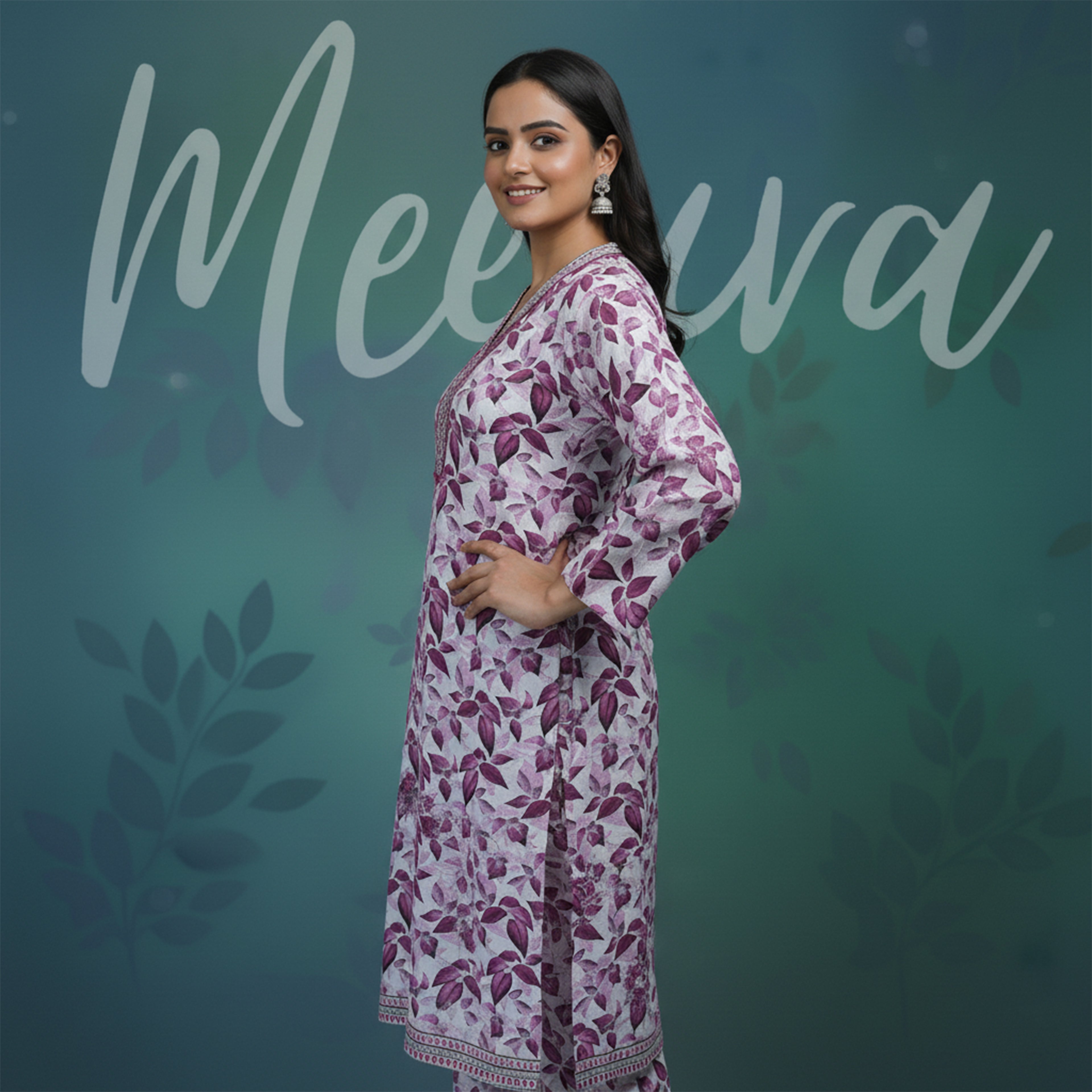 Lilac Leaf Print 2-Piece Stitched Suit