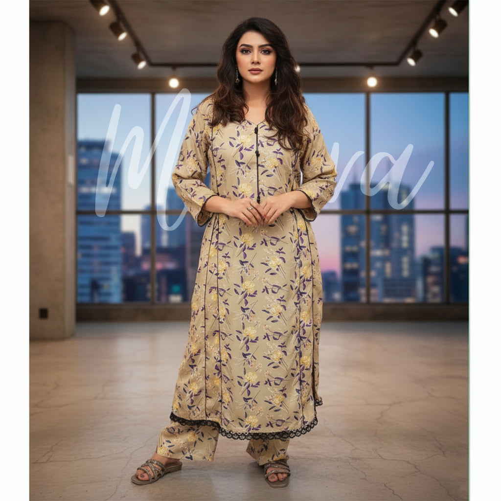 Beige Floral Print 2-Piece Stitched Suit