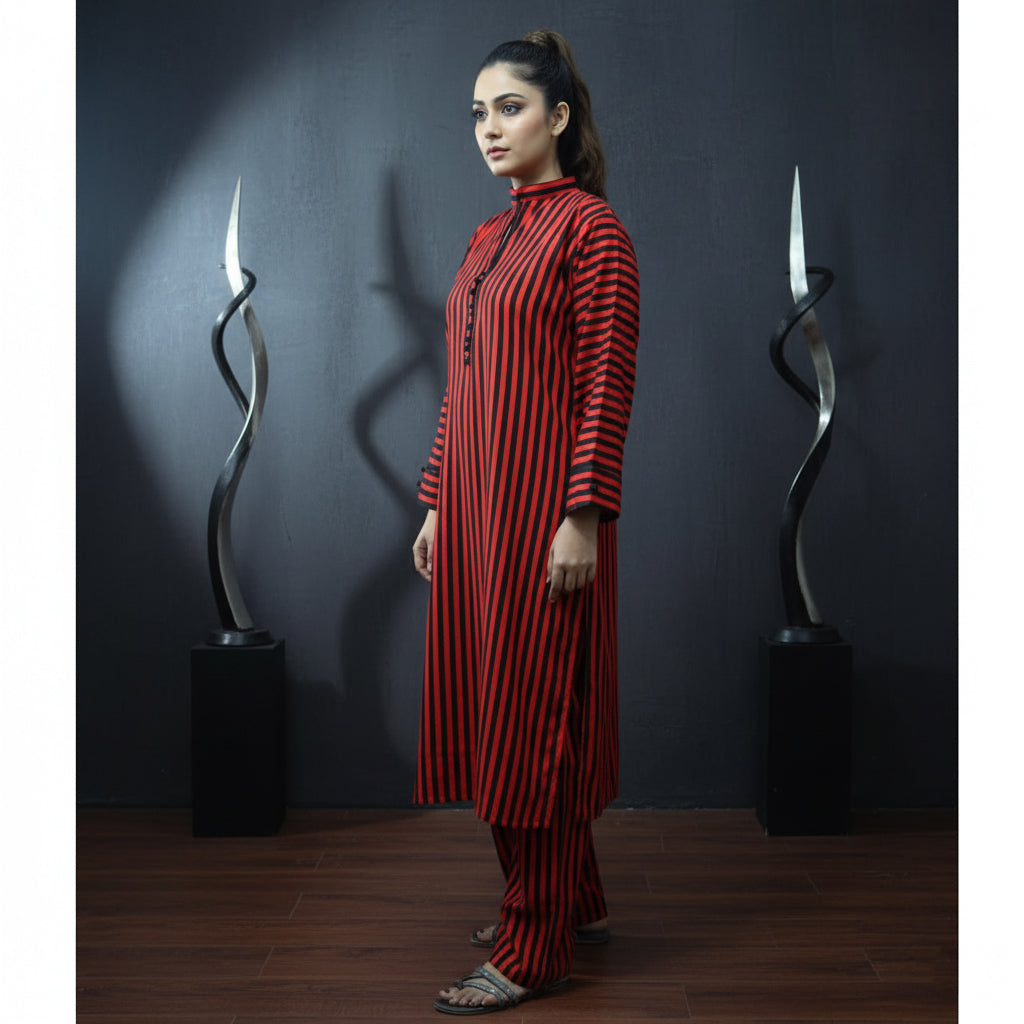 Red & Black Vertical Stripe 2-Piece Stitched Suit
