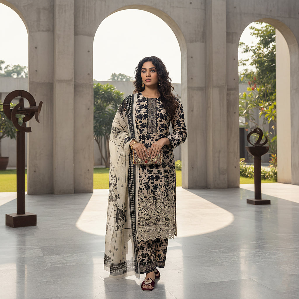Noir Mehr - 3-piece Stitched Print+ Embroidery
