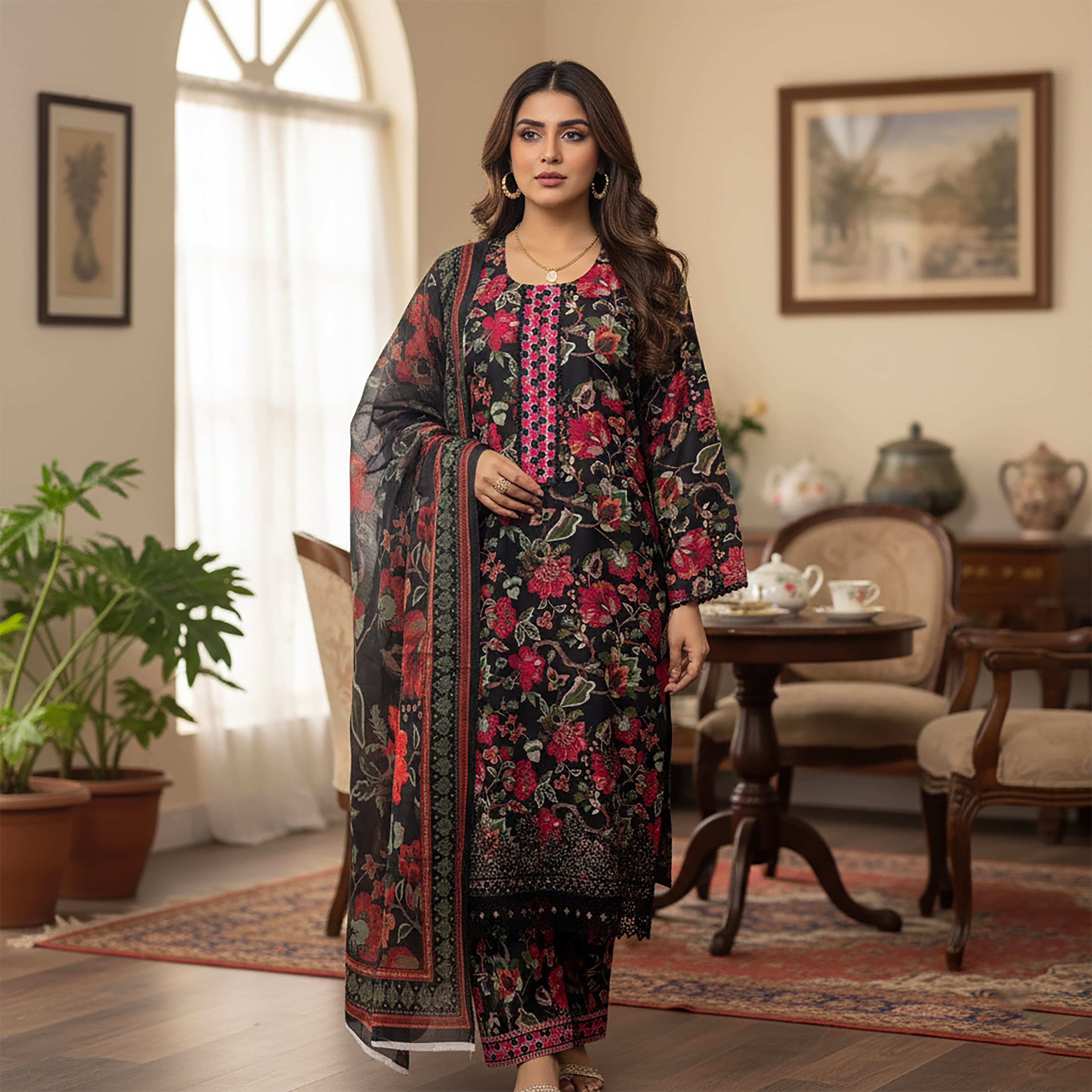 Midnight Gulbahar - 3-piece Stitched Print+ Embroidery