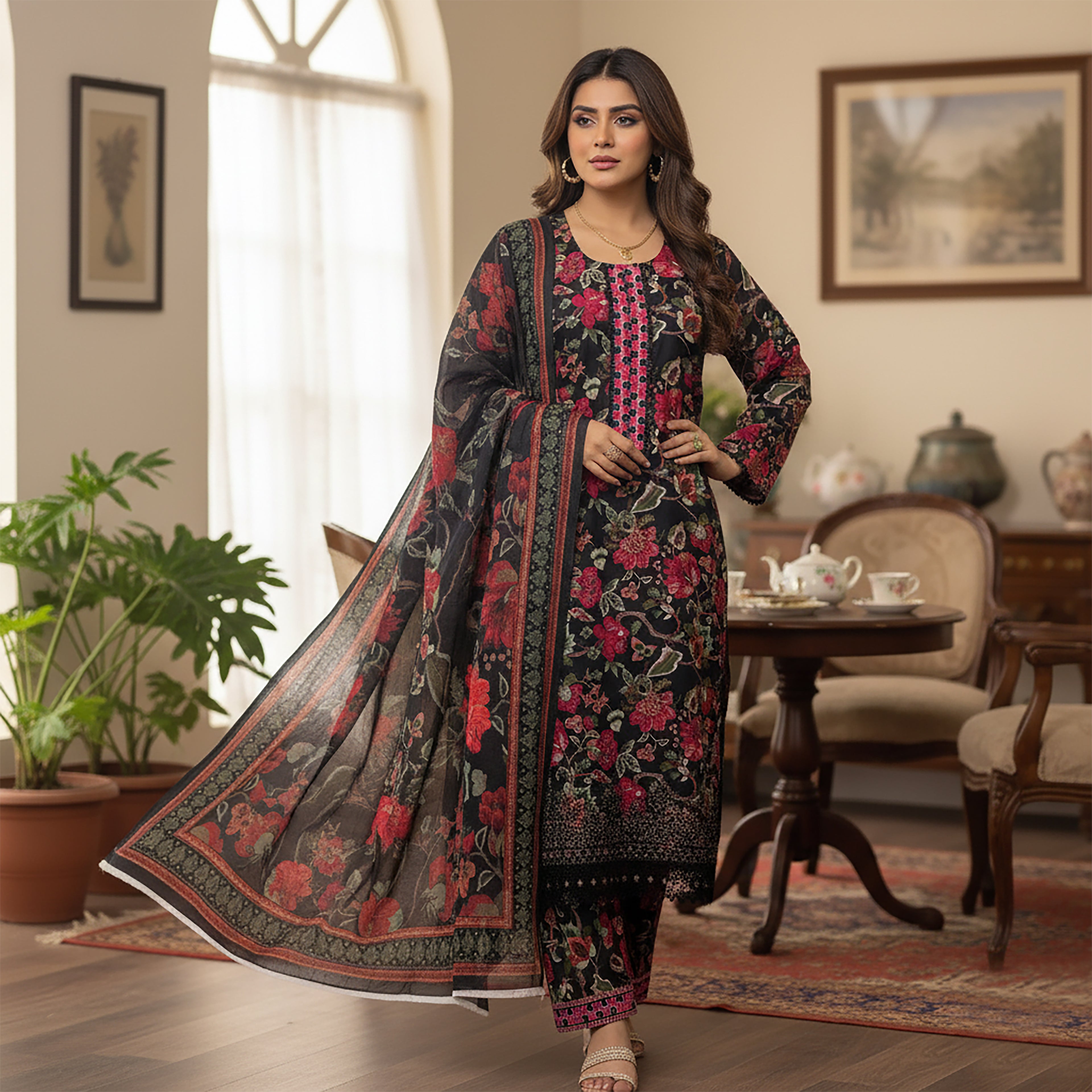 Midnight Gulbahar - 3-piece Stitched Print+ Embroidery