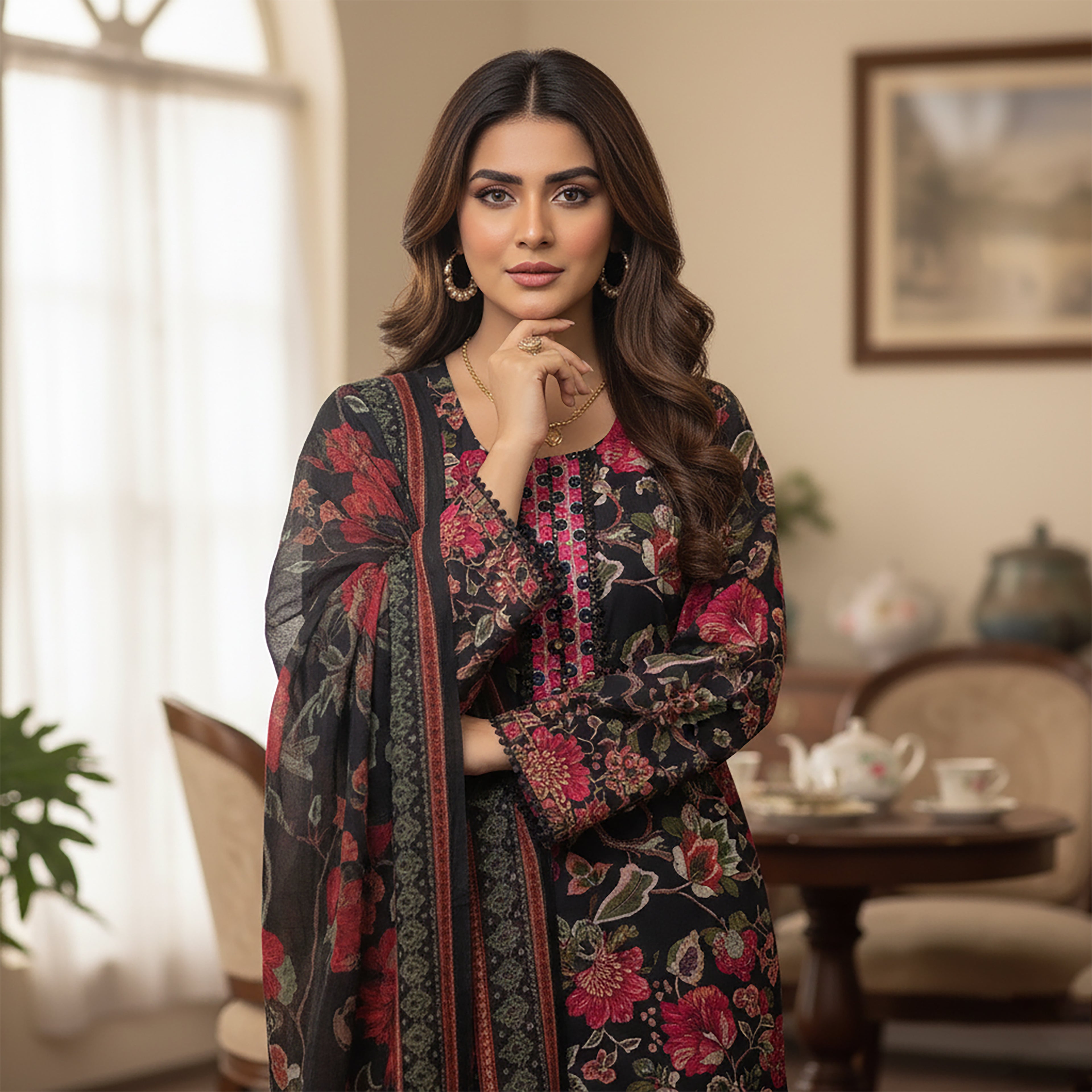 Midnight Gulbahar - 3-piece Stitched Print+ Embroidery