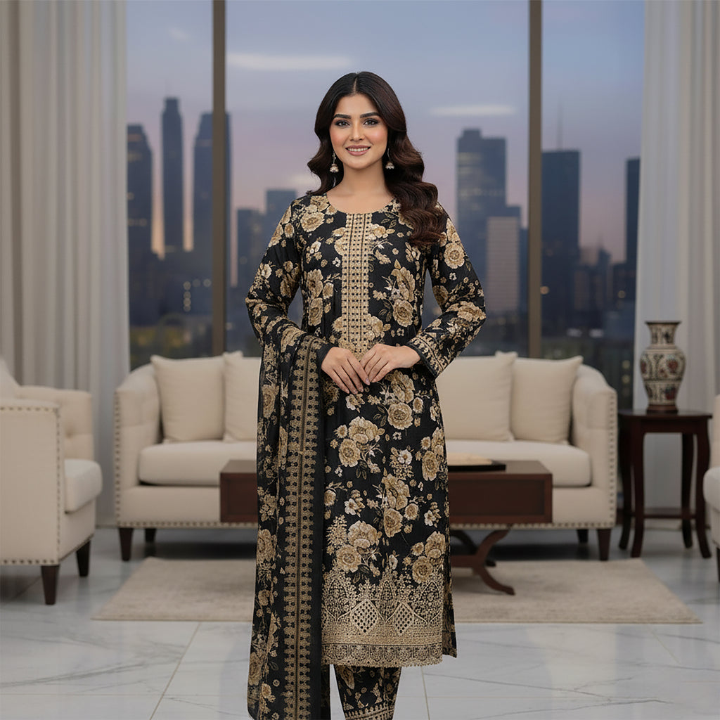Shehzadi Noir - 3-piece Stitched Print+ Embroidery
