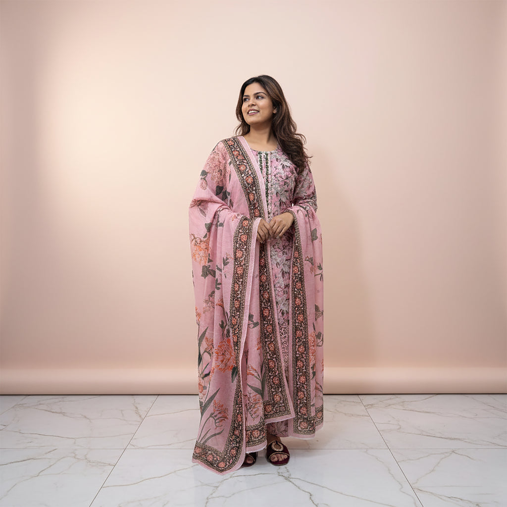 Blush Garden Elegance - 3-piece stitched Print+ Embroidery