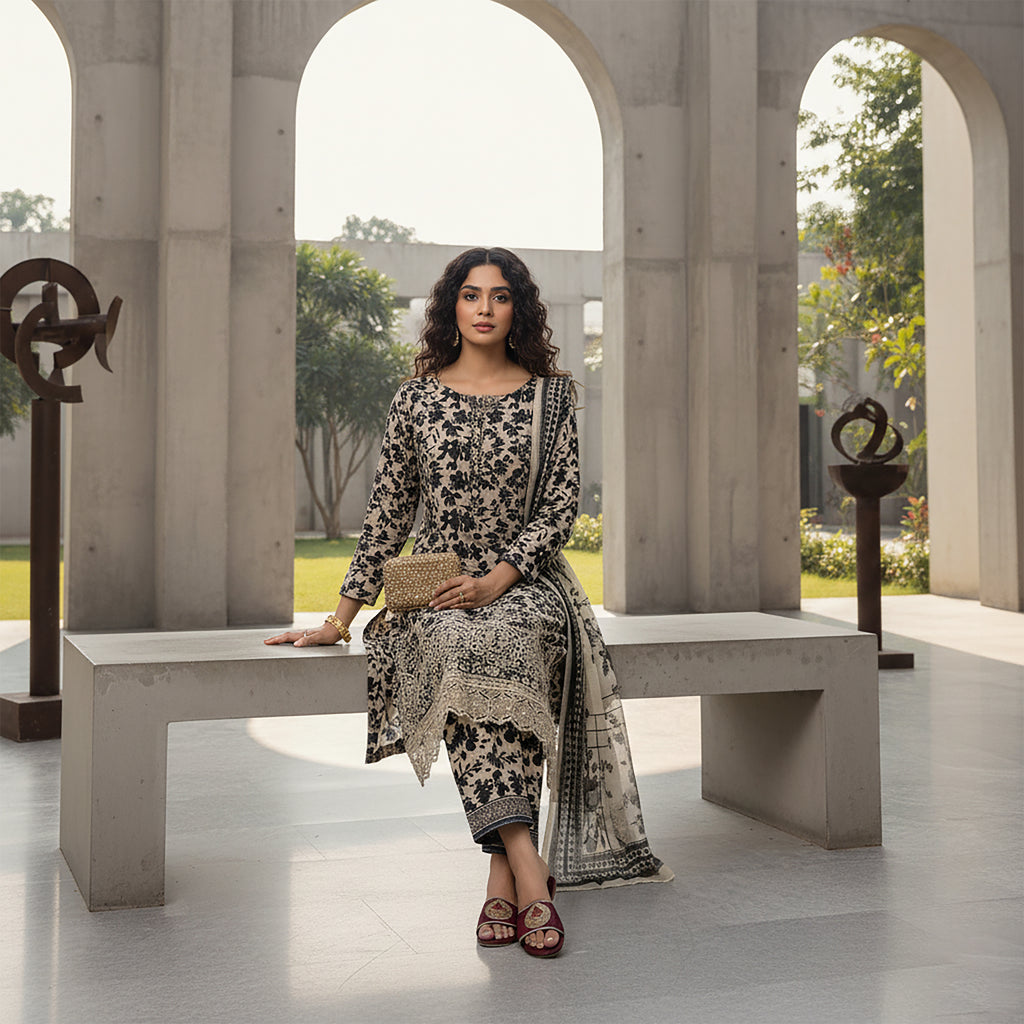 Noir Mehr - 3-piece Stitched Print+ Embroidery