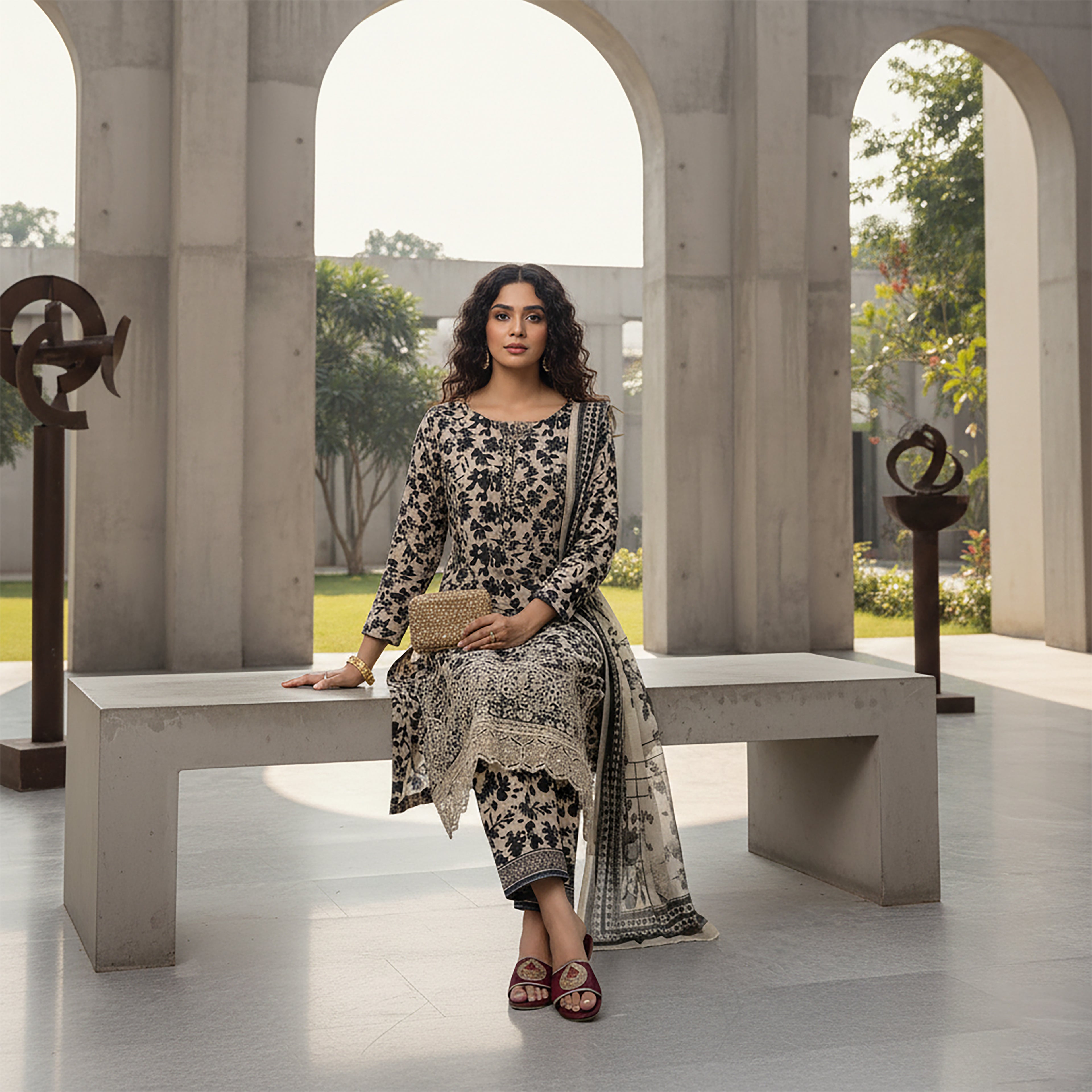 Noir Mehr - 3-piece Stitched Print+ Embroidery